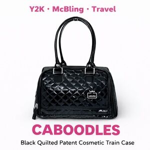 Caboodles Black Quilted Patent Makeup Train Case w Mirror Organizer